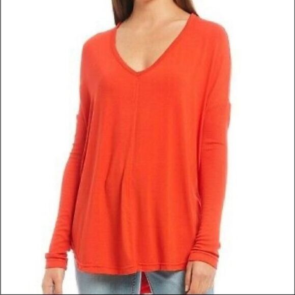 Free People Moonshine Tunic V Neck Oversized Love Glare XS 0/2 Red Orange Top - Picture 1 of 8
